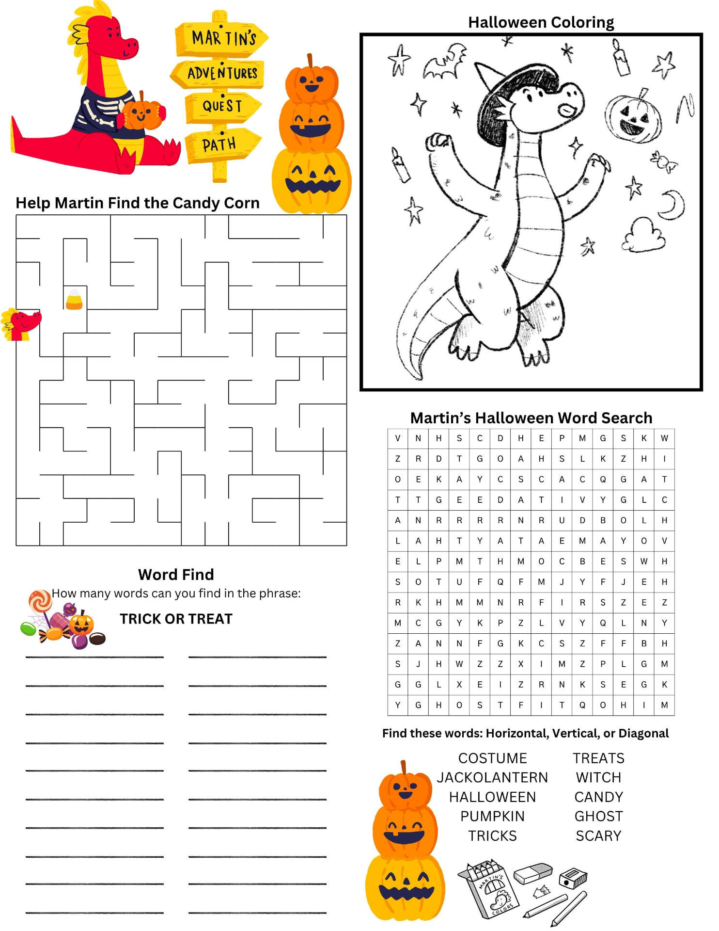 Martin's Halloween quest path page with a candy corn maze, a Halloween word search, a word find and a witch hat coloring box