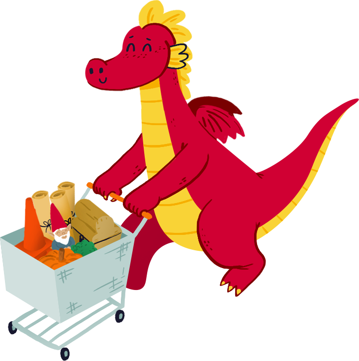 Martin the dragon pushing a shopping cart full of market treasures