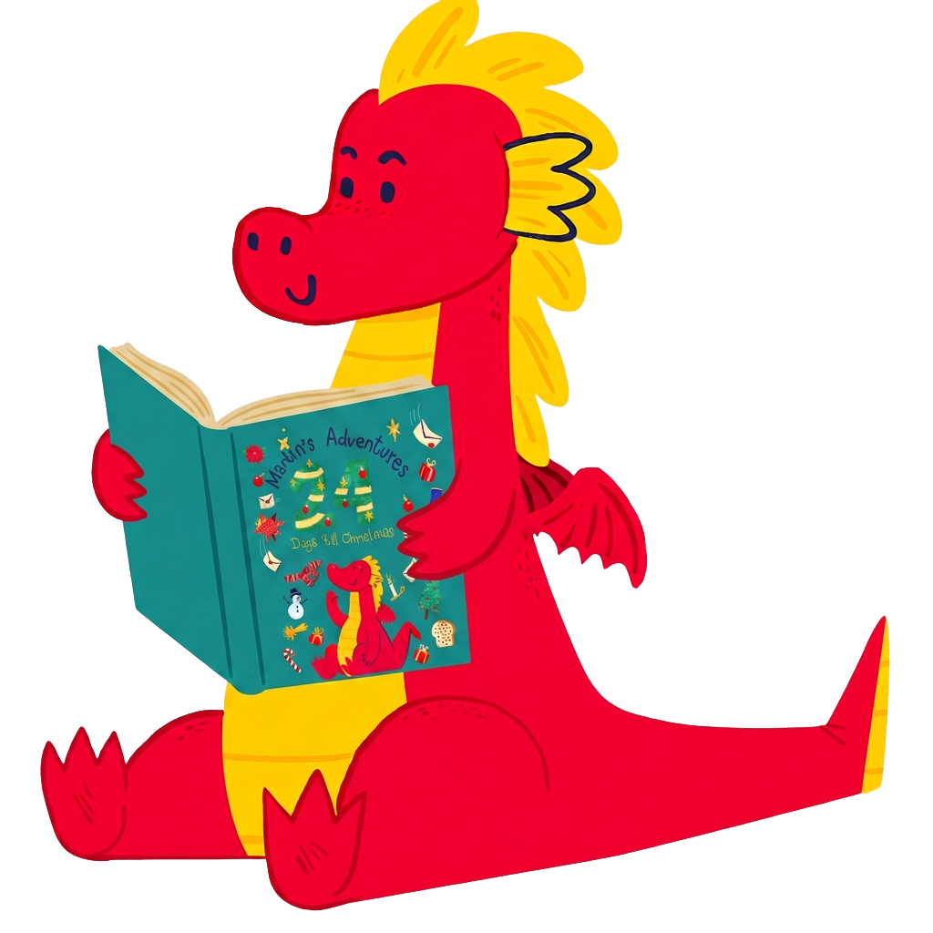 Martin holding his English book, Martin’s Adventures: 24 Days ‘till Christmas