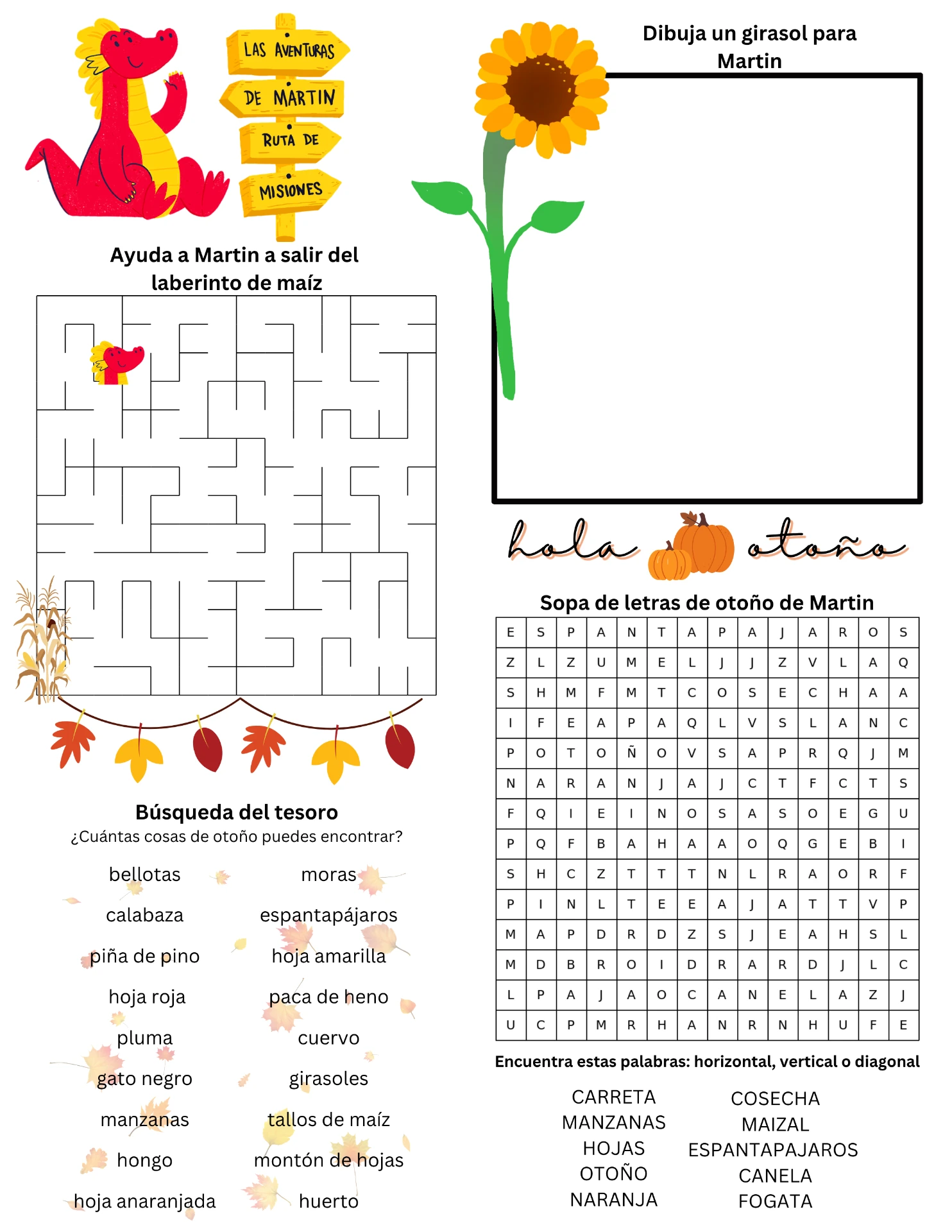 Ruta de misiones de otoño de Martín con laberinto de maíz, sopa de letras, búsqueda del tesoro y un girasol para dibujar