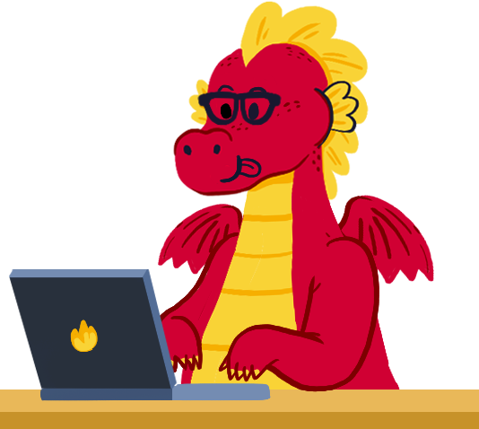 Martin the dragon typing at a laptop