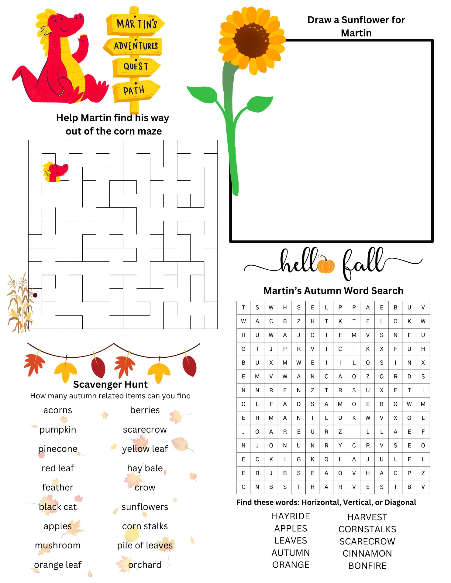 Martin's fall quest path page with a corn maze, an autumn word search, a scavenger hunt list and a box to draw a sunflower