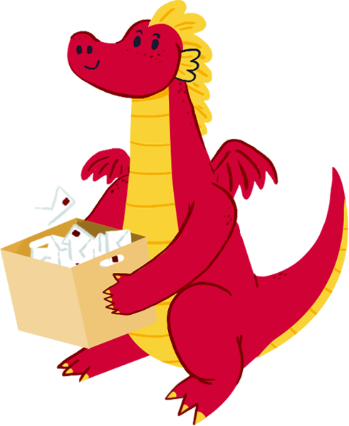 Martin the dragon carrying a box full of letters