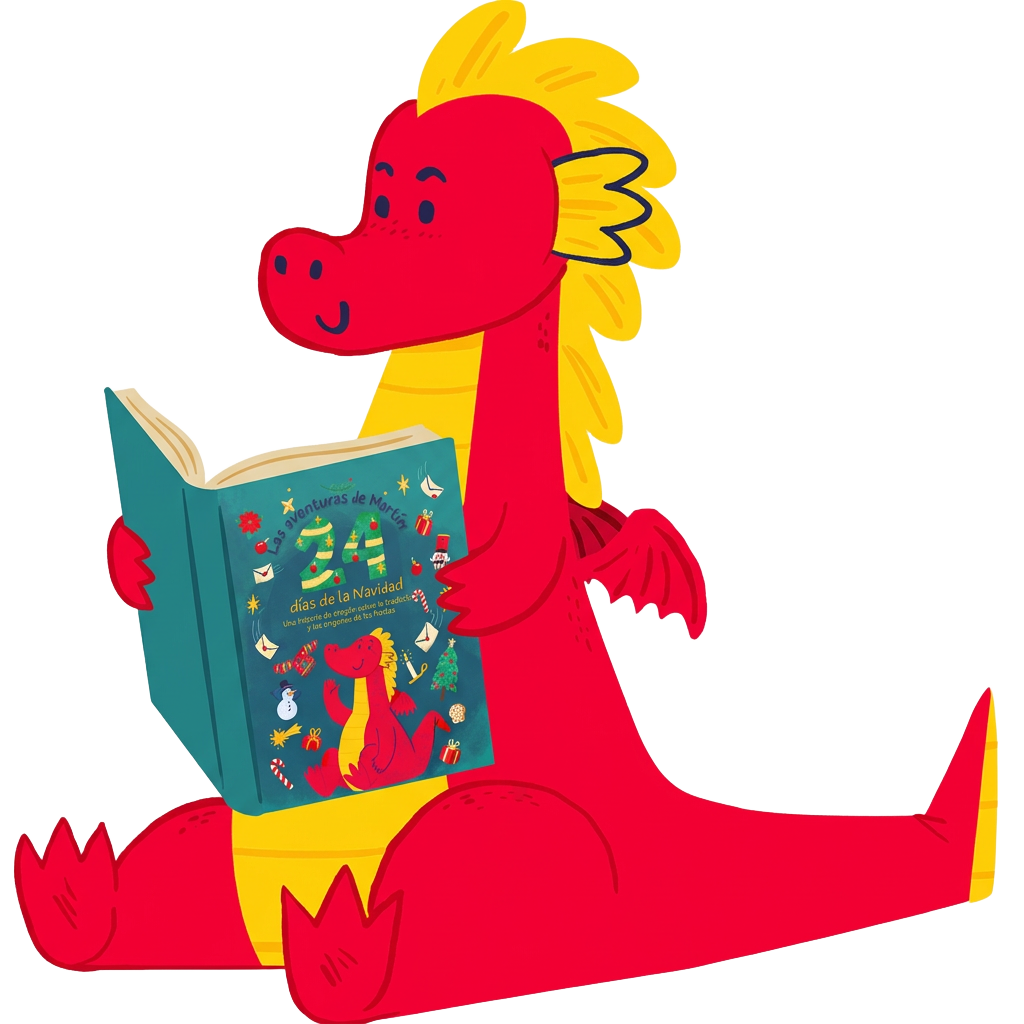 Martín sosteniendo su libro en español, Las aventuras de Martín: 24 días de la Navidad
