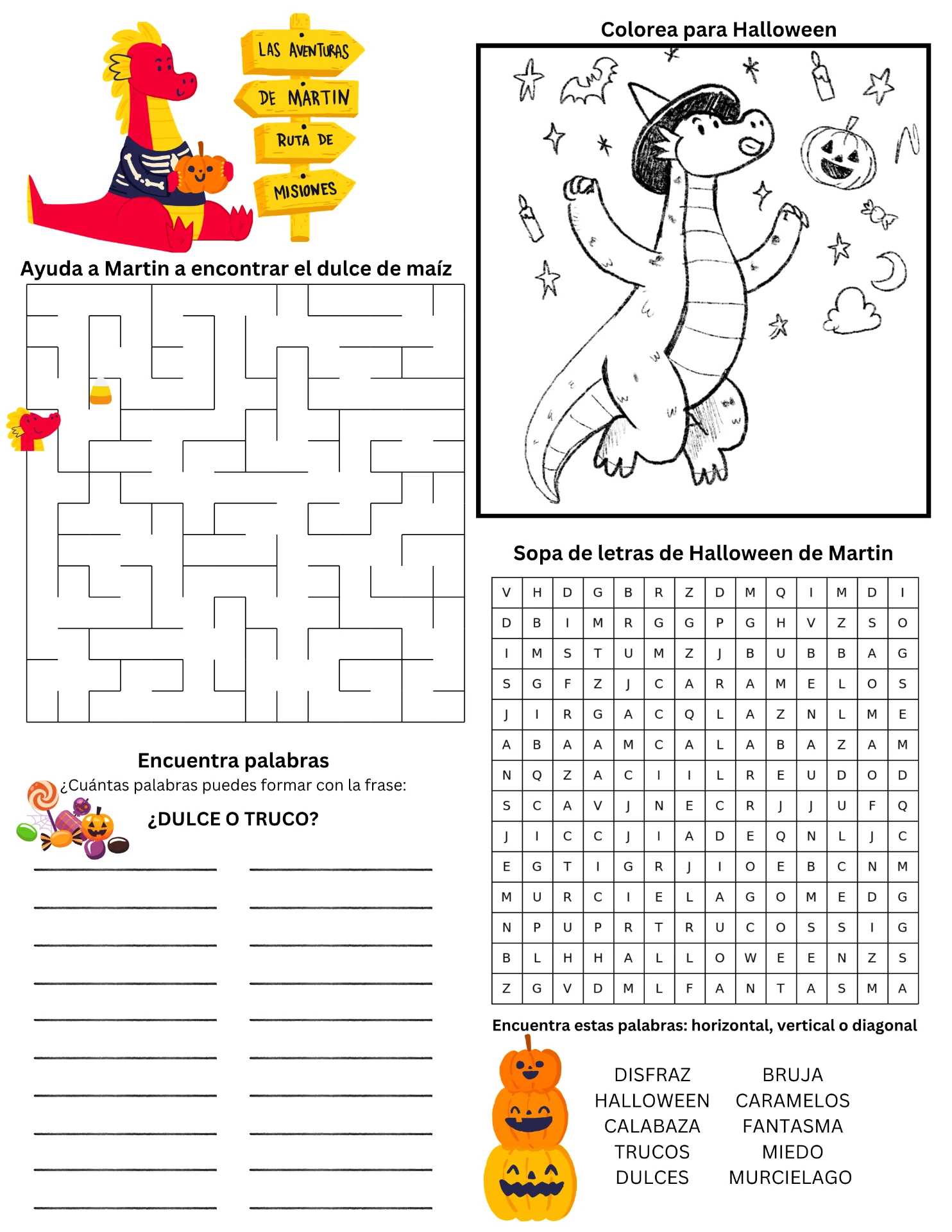 Ruta de misiones de Halloween de Martín con laberinto de dulce de maíz, sopa de letras, palabras y un sombrero de bruja para colorear